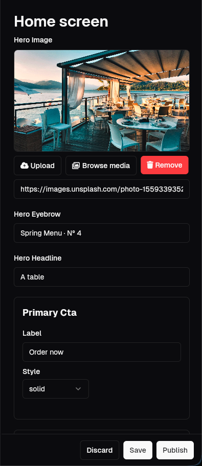 Dart Desk input panel — generated editor fields