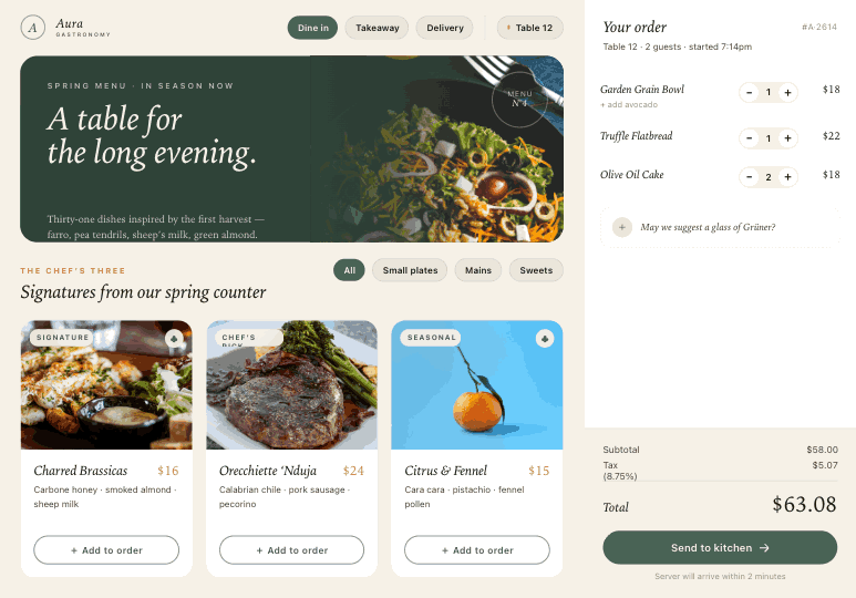 Aura kiosk — Table 12 self-order terminal