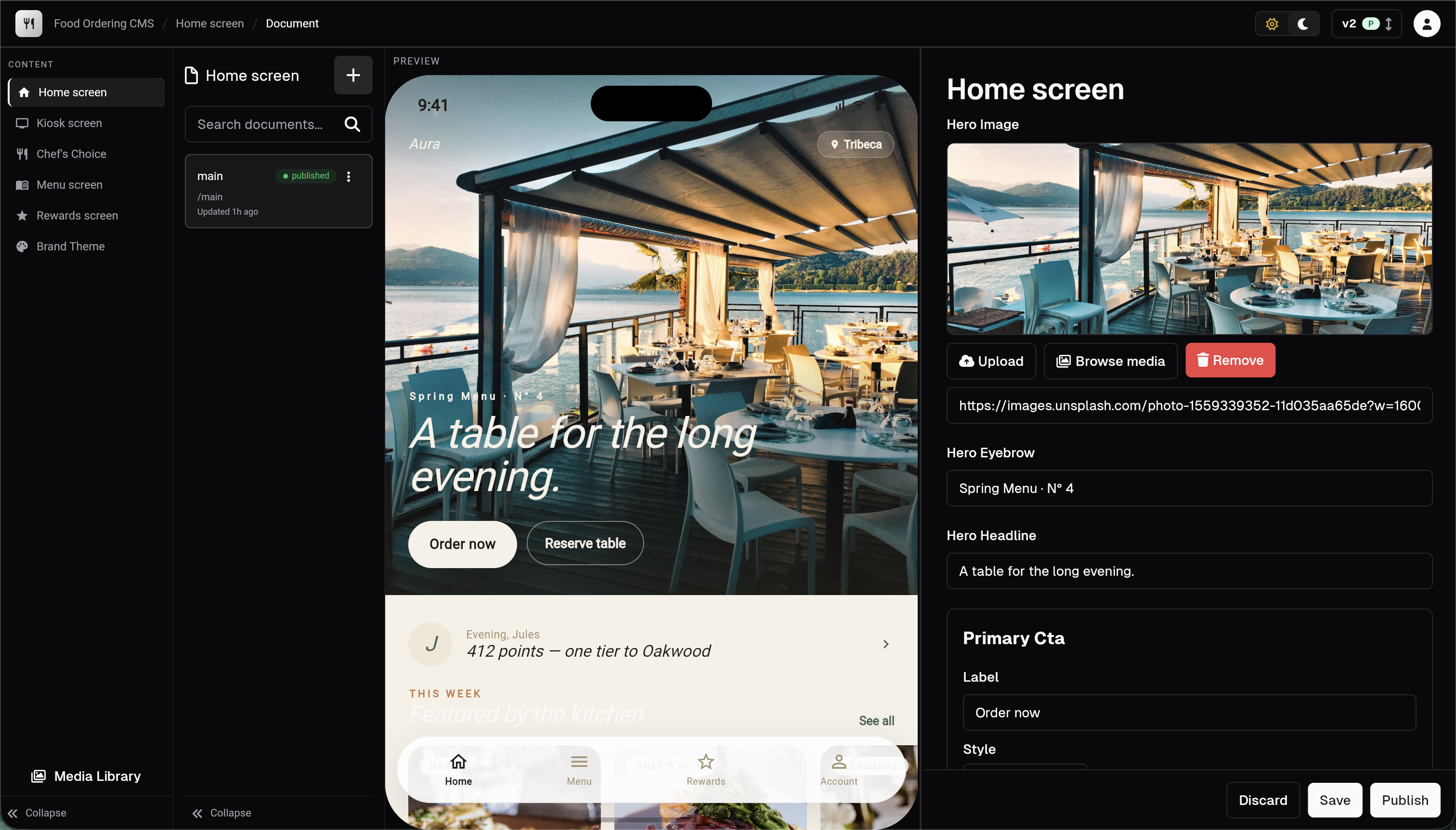 Dart Desk CMS — Aura Gastronomy home screen, editor and live preview